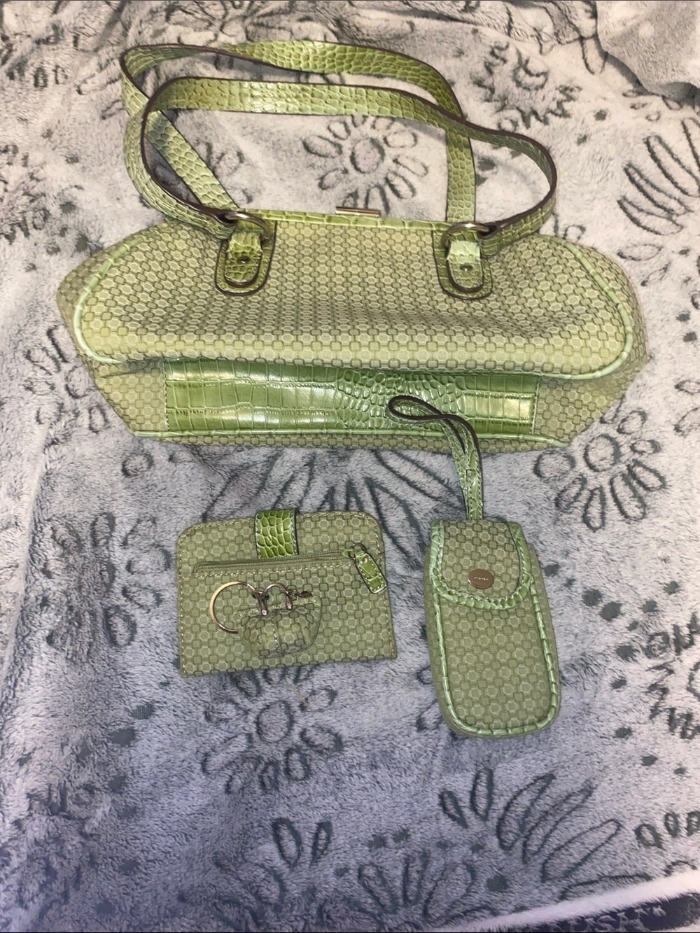 Nine West Light Green Patterned Shoulder Bag with Matching Accessories